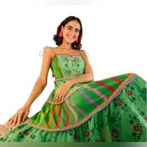 Farm Rio NWT Embroidered Tiered Dress Green Rainbow Stripe XS